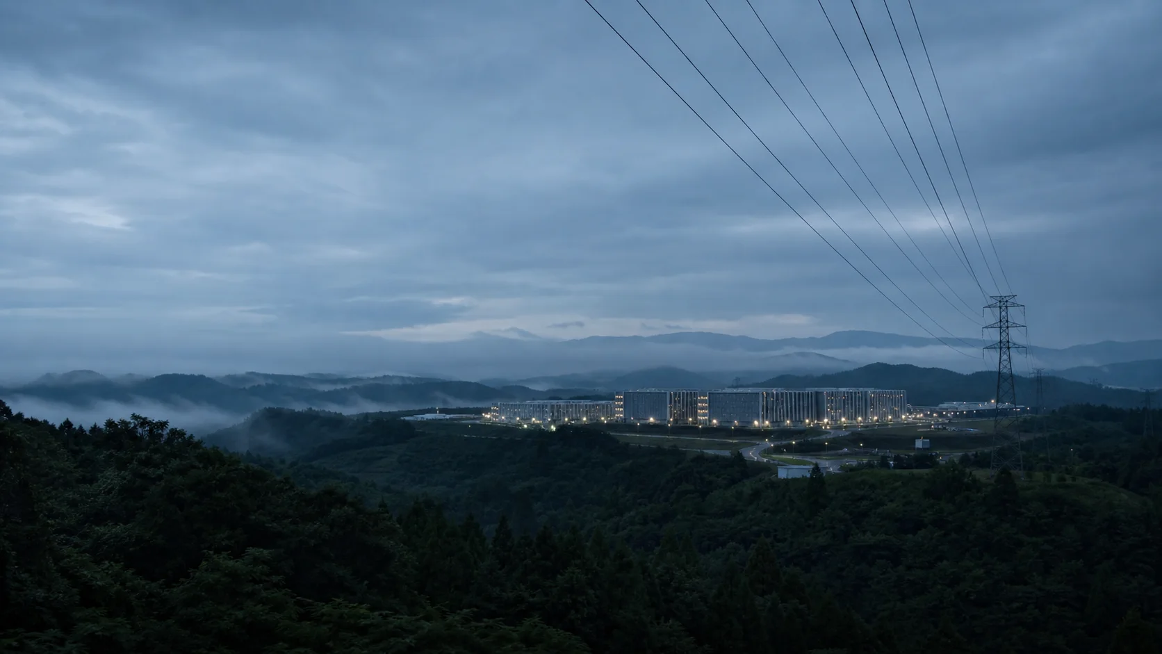 日本のデータセンターと送電線の遠景